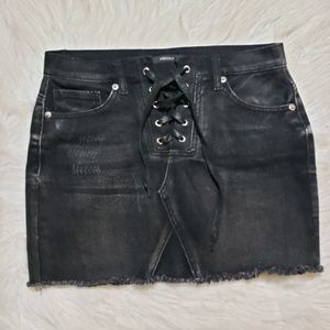 Lace Up High Rise Distressed Denim Skirt F21 M